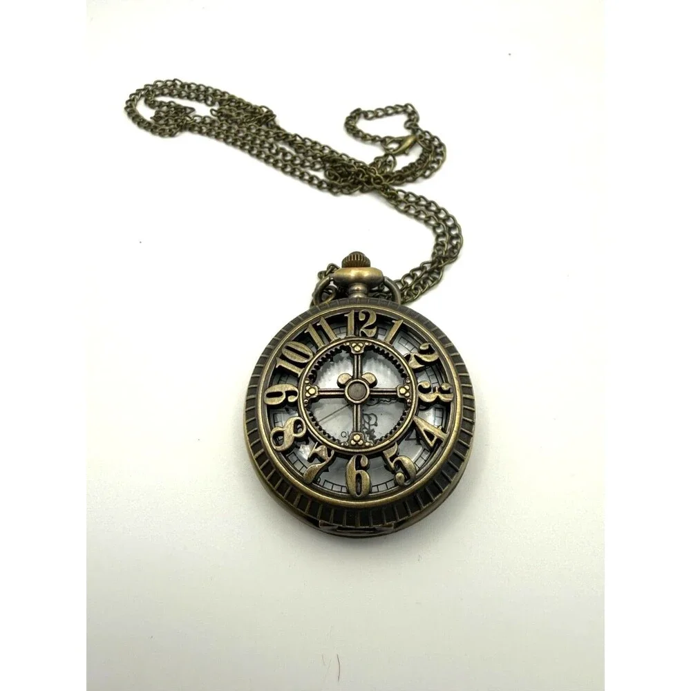 Steampunk Antique Bronze Unisex Quartz Pocket Watch Necklace Chain